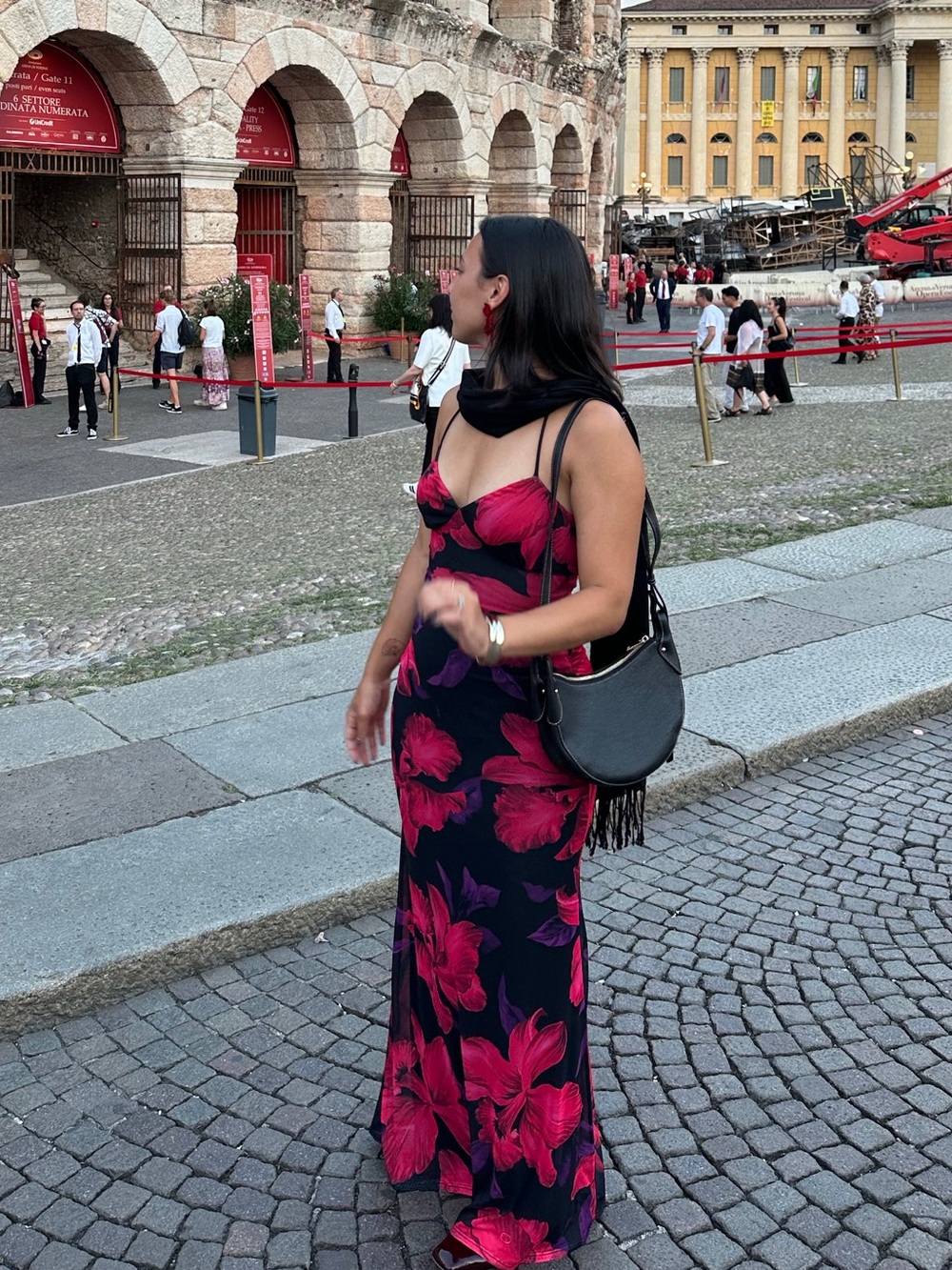 Black Maxi Dress with Bold Red & Purple Floral Print